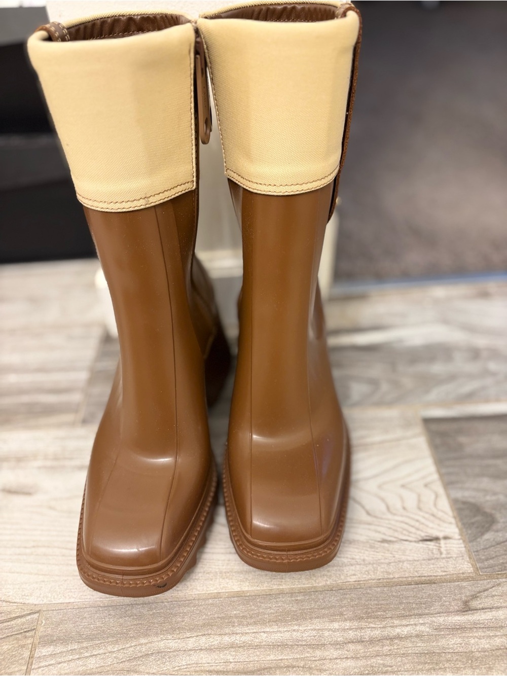 Chloe Brown Rubber Tall Boots with Cream Cuff Trim